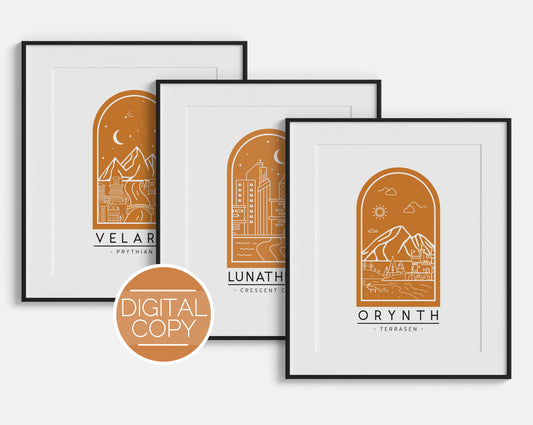 Velaris Lunathion and Orynth Travel Poster Digital Print Bundle Orange | ACOTAR | Crescent City | Throne of Glass