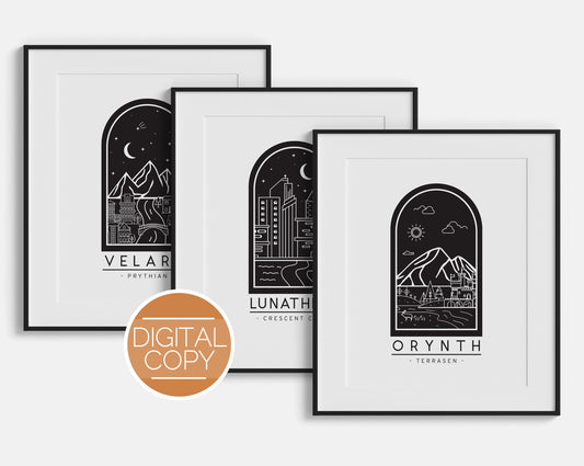 Velaris Lunathion and Orynth Travel Poster Digital Print Bundle Black | ACOTAR | Crescent City | Throne of Glass